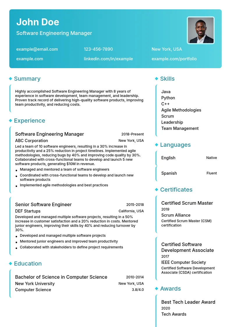 Software Engineering Manager resume example