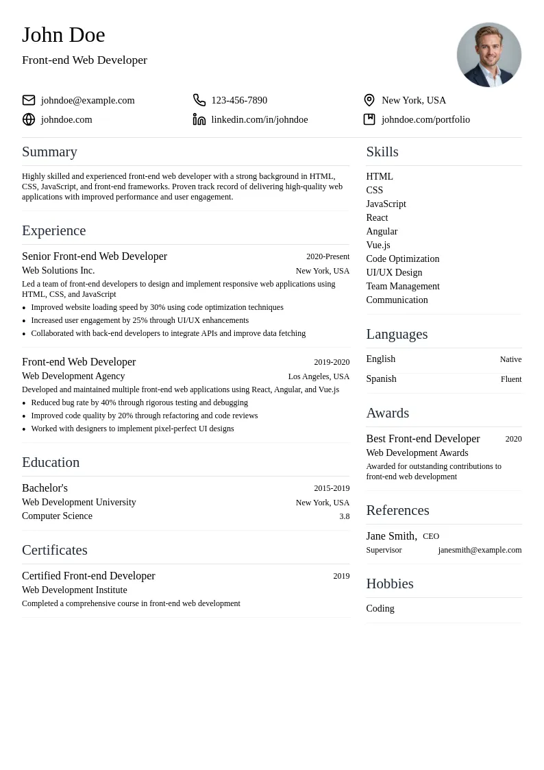 Front-end Web Developer resume example