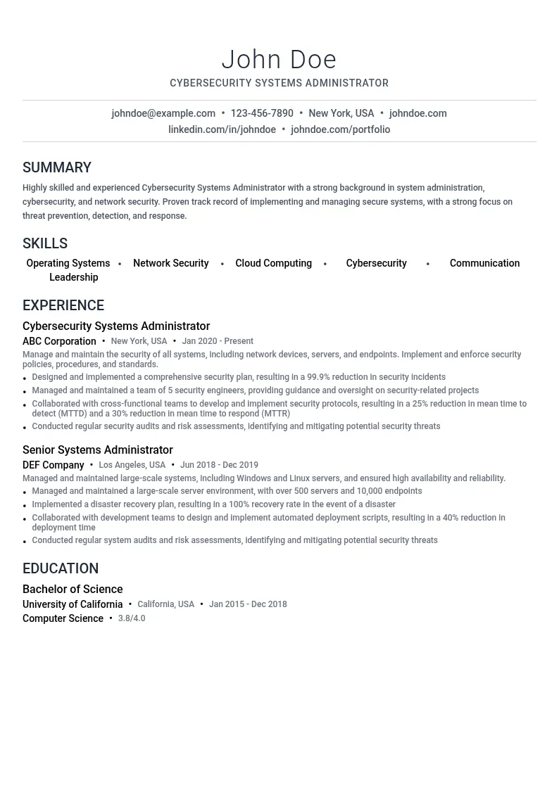 Cybersecurity Systems Administrator resume example