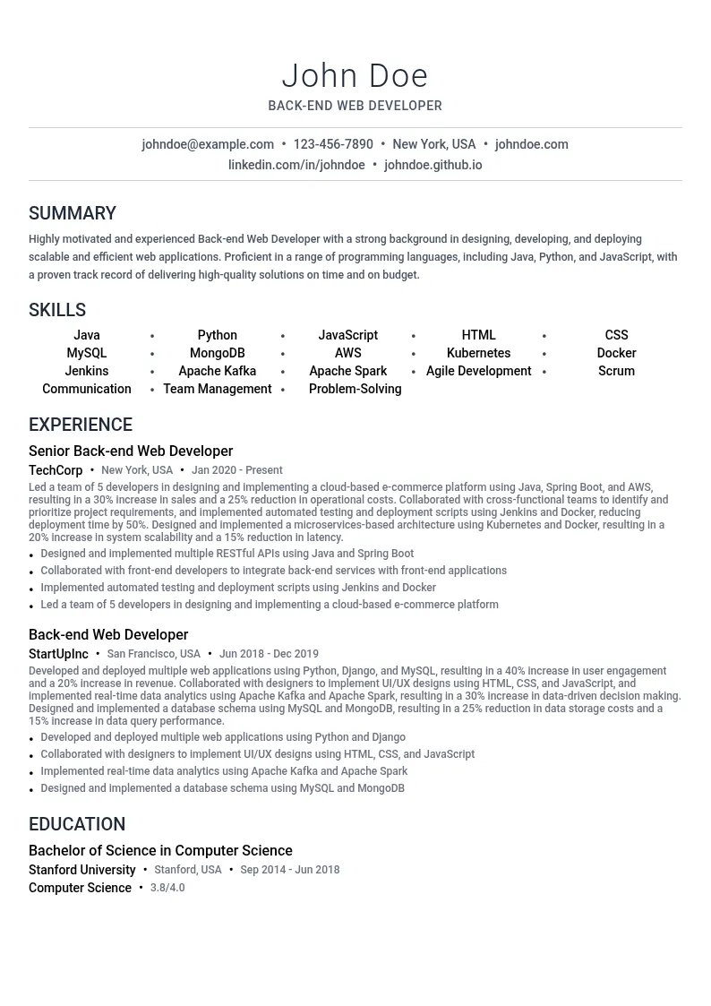 Back-end Web Developer resume example