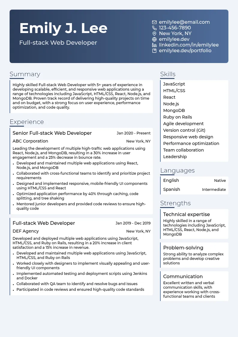 Full-stack Web Developer resume example