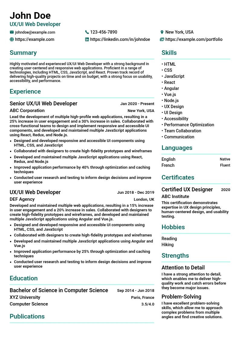UX/UI Web Developer resume example