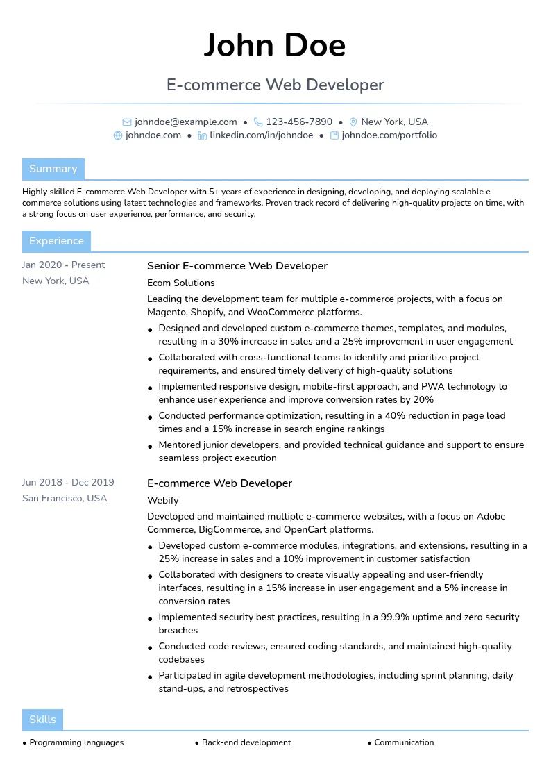 E-commerce Web Developer resume example
