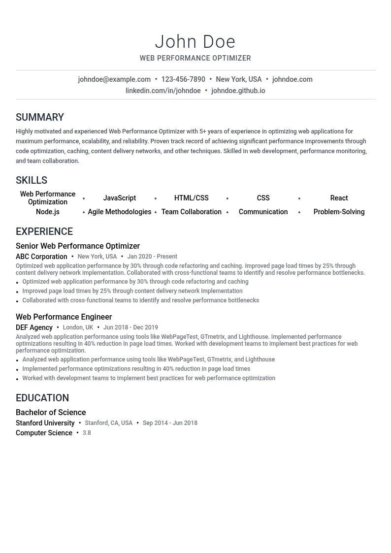 Web Performance Optimizer resume example