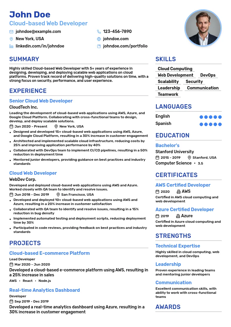 Cloud-based Web Developer resume example