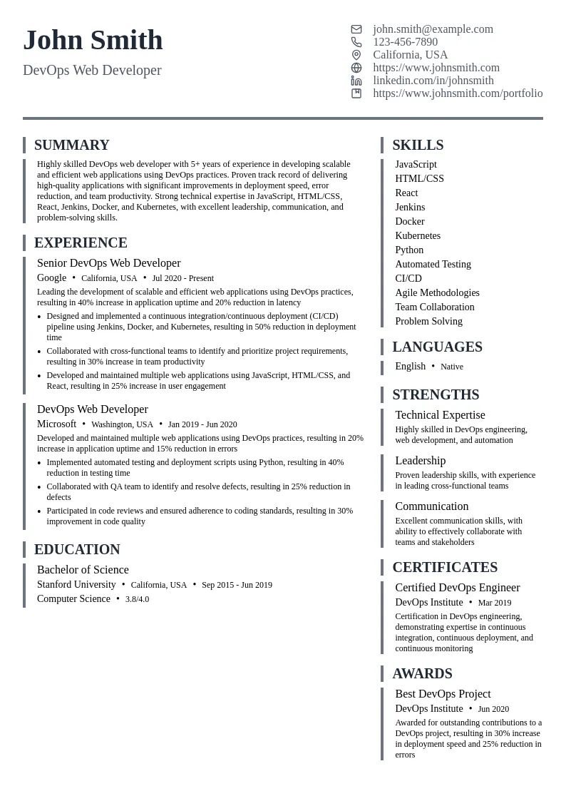 DevOps Web Developer resume example