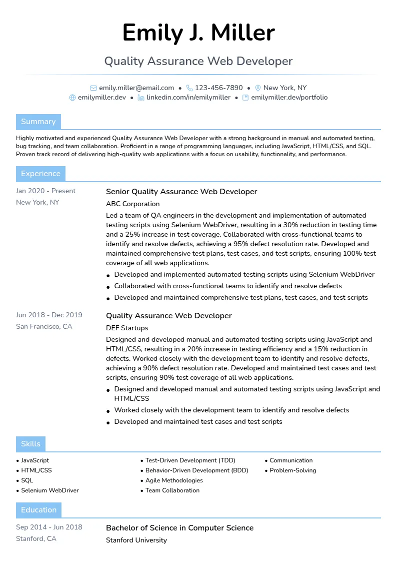 Quality Assurance Web Developer resume example