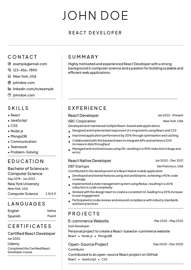 React Developer resume example