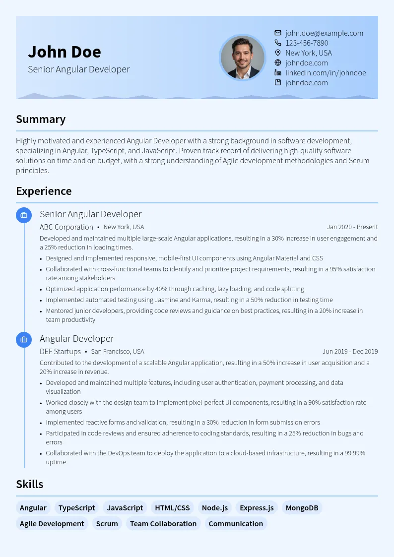 Angular Developer resume example