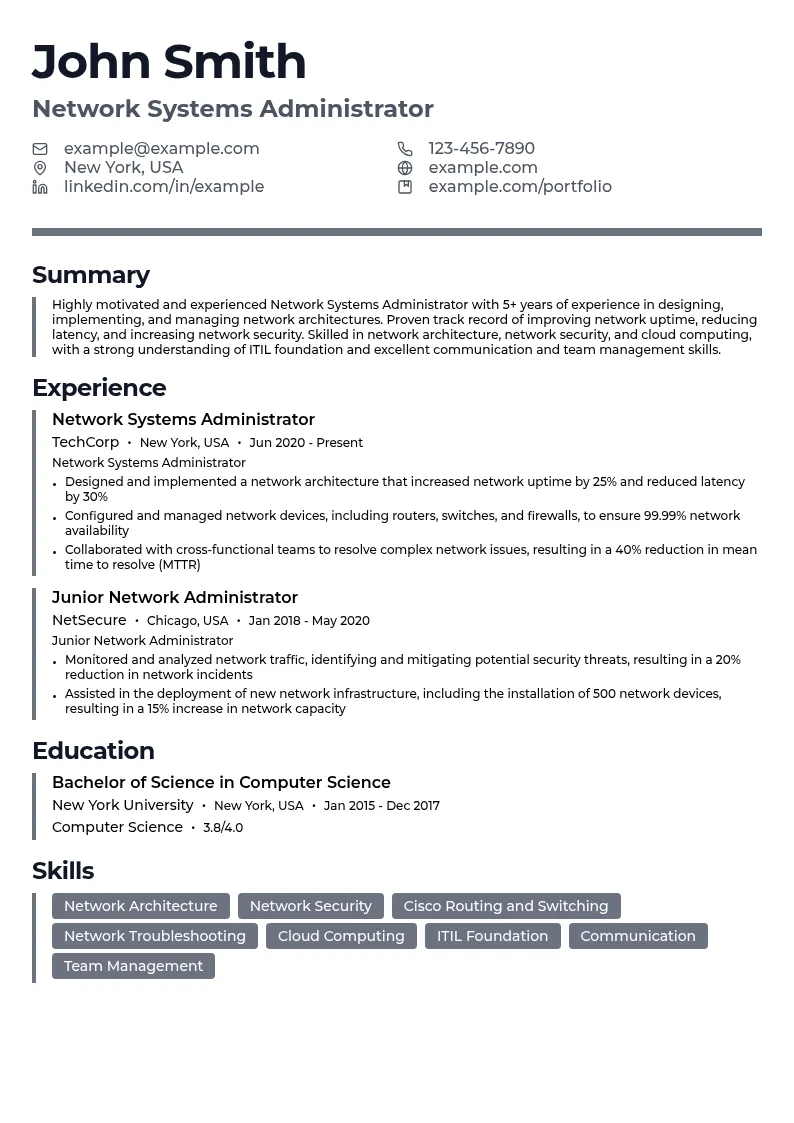 Network Systems Administrator resume example