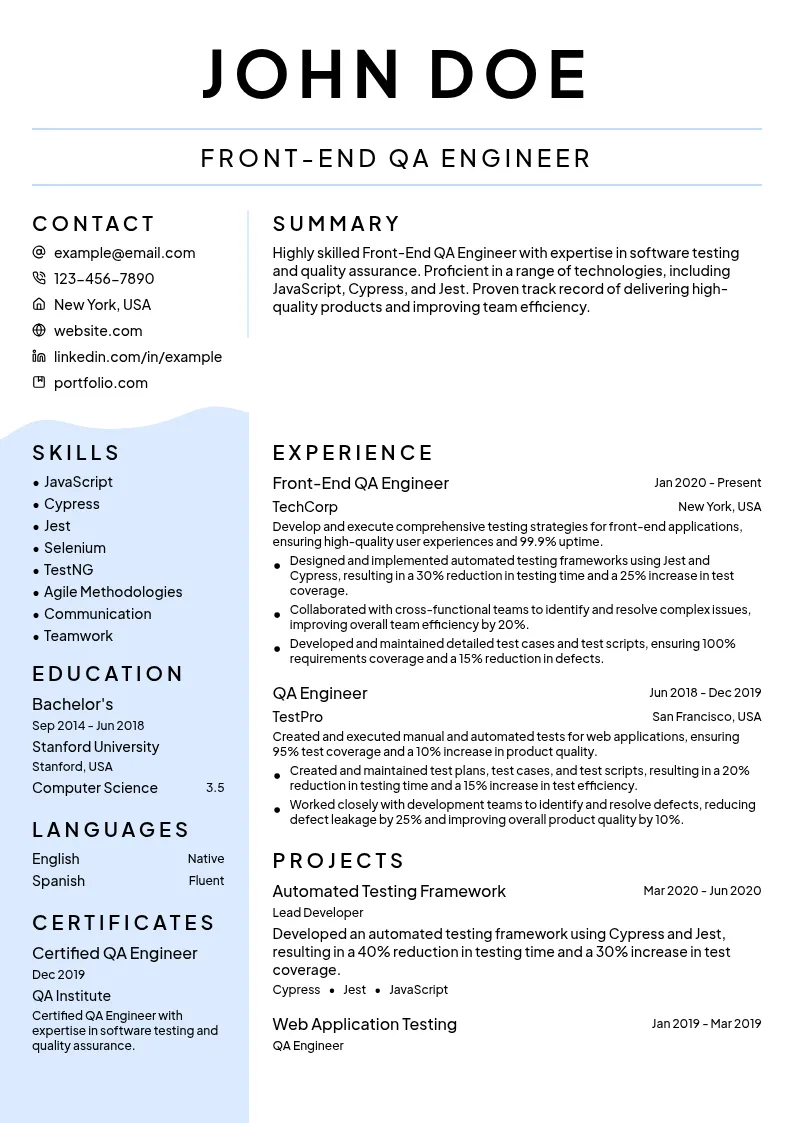 Front-End QA Engineer resume example