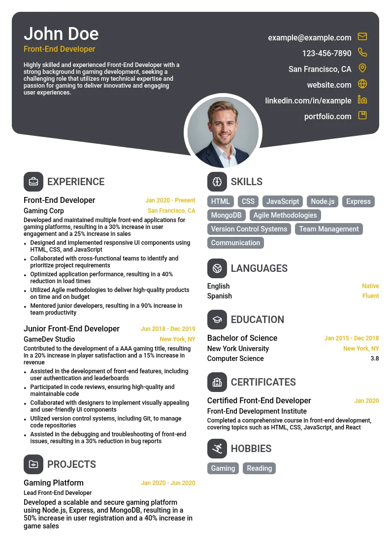 Gaming Front-End Developer resume example
