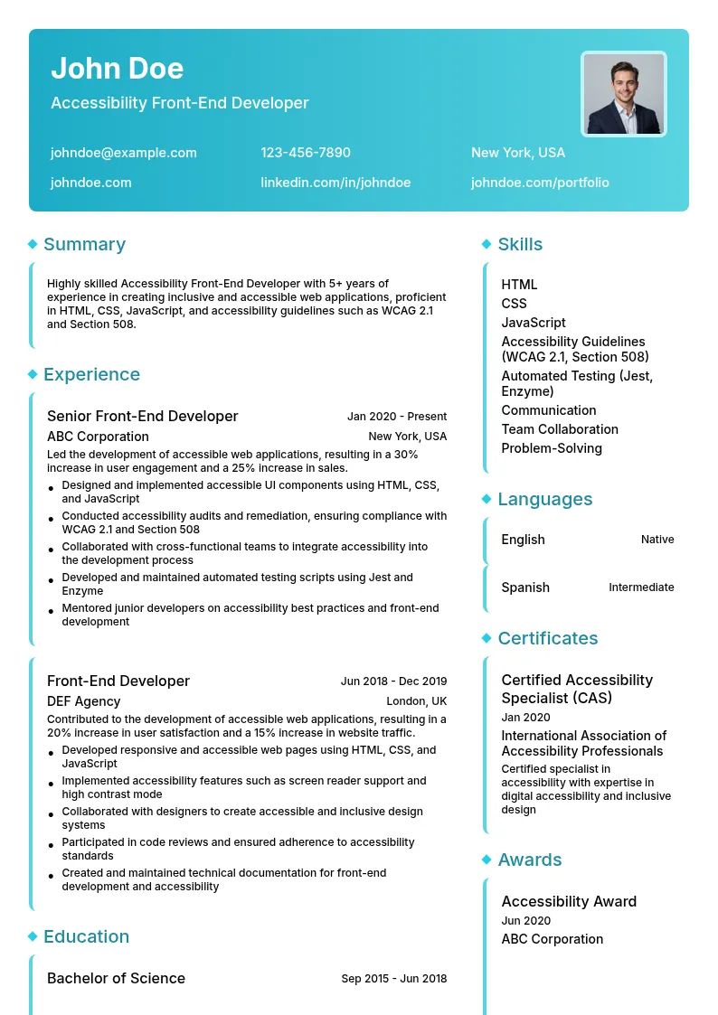 Accessibility Front-End Developer resume example