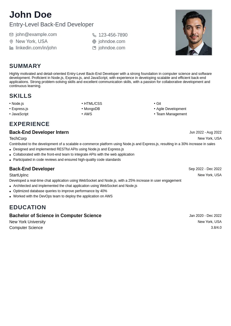 Entry-Level Back-End Developer resume example