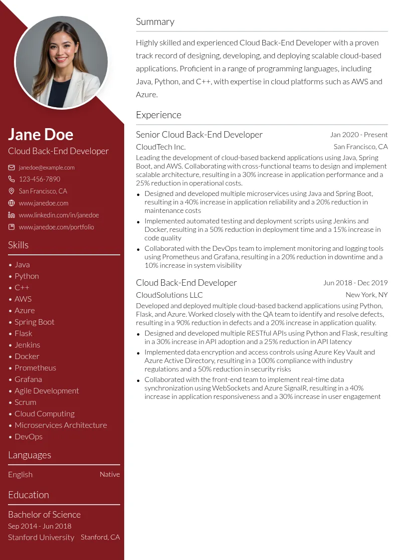 Cloud Back-End Developer resume example