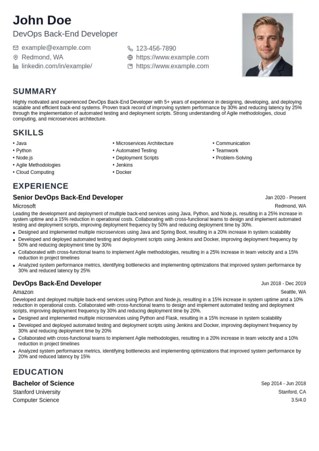 DevOps Back-End Developer resume example