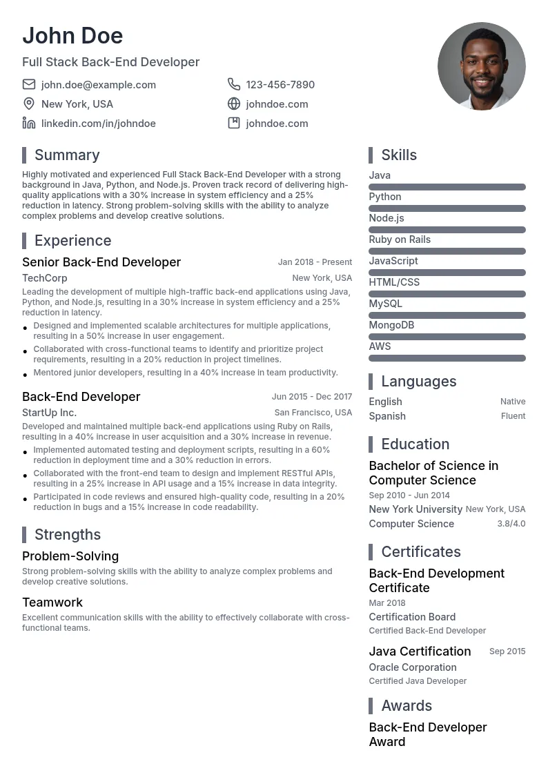 Full Stack Back-End Developer resume example