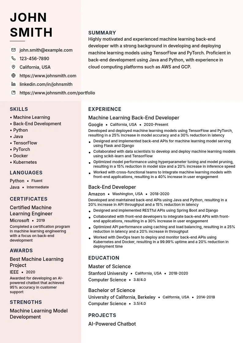 Machine Learning Back-End Developer resume example