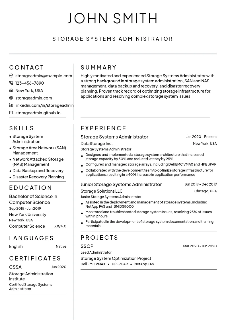 Storage Systems Administrator resume example