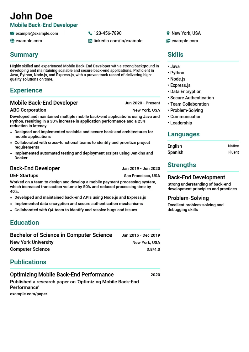 Mobile Back-End Developer resume example
