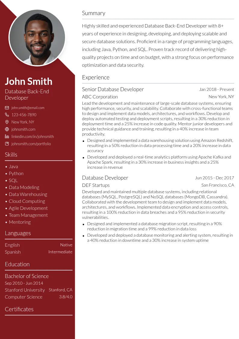 Database Back-End Developer resume example