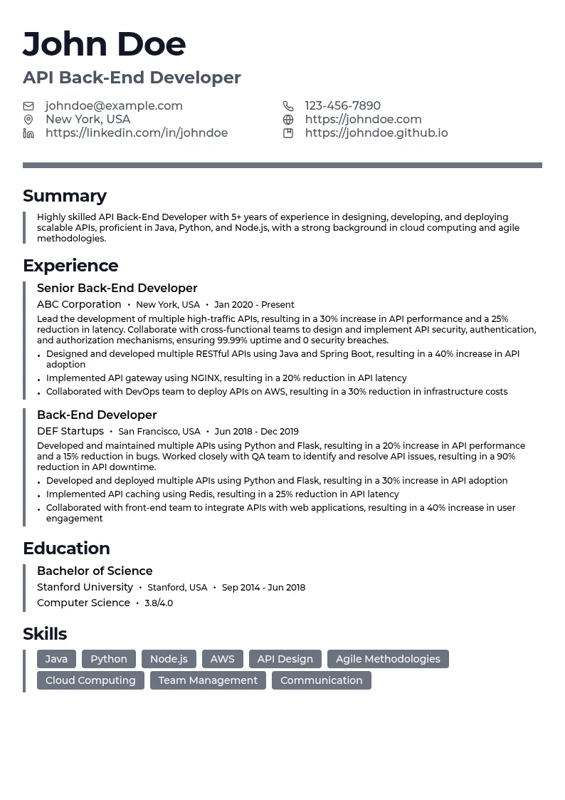 API Back-End Developer resume example