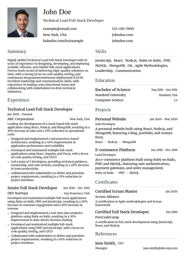 Technical Lead Full Stack Developer resume example