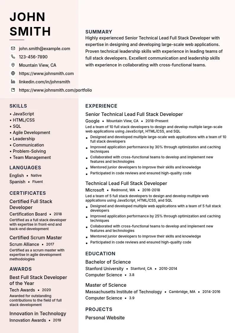 Senior Technical Lead Full Stack Developer resume example