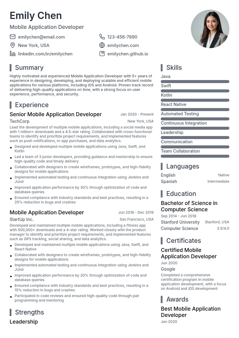 Mobile Application Developer resume example