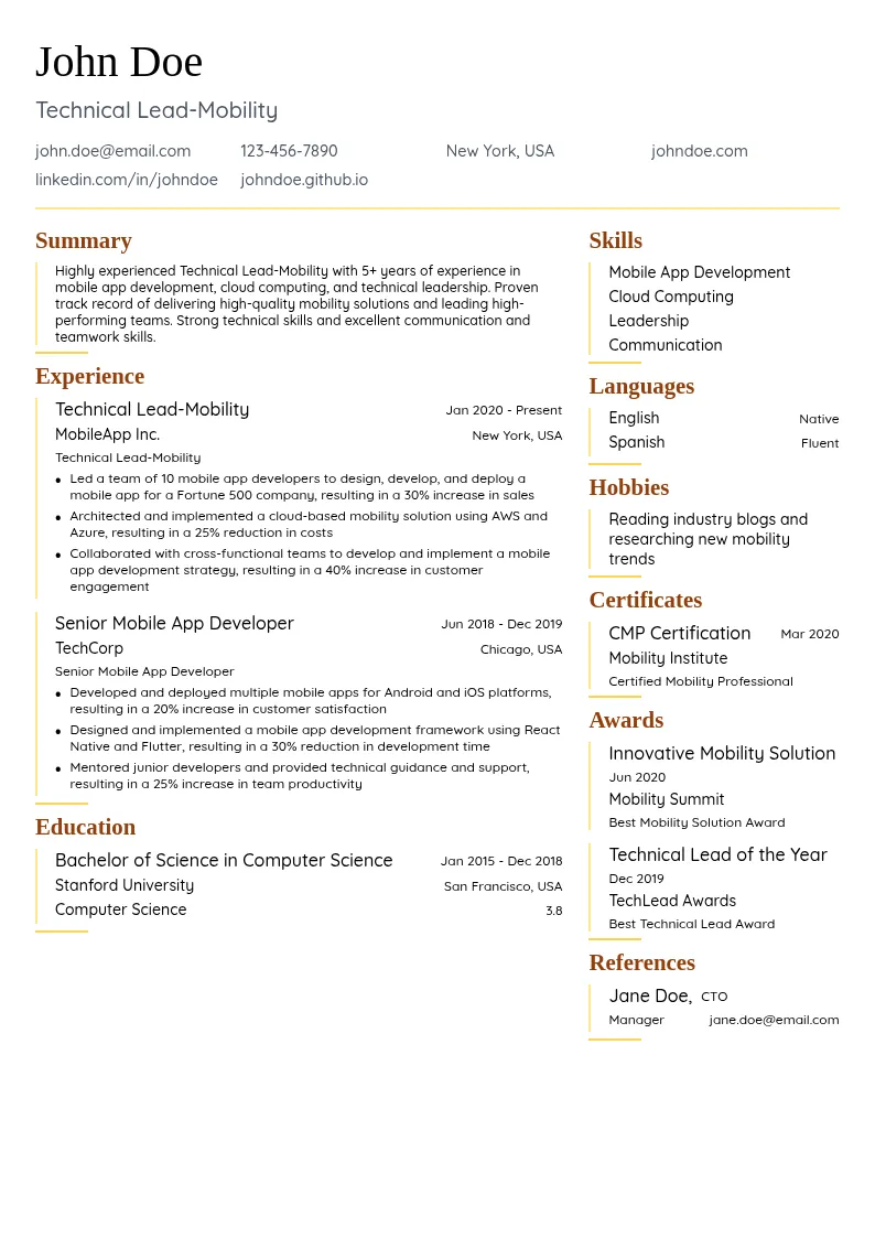 Technical Lead-Mobility resume example