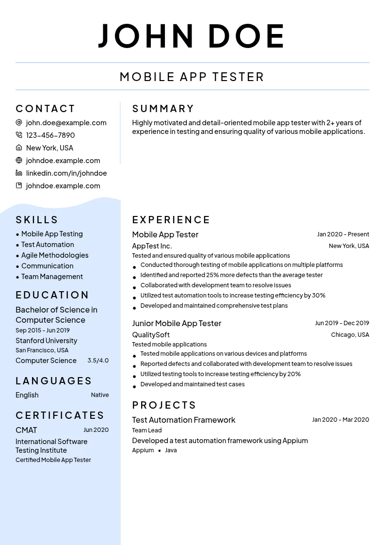 Mobile App Tester resume example