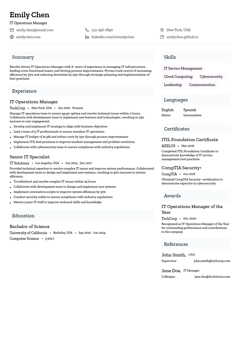IT Operations Manager resume example