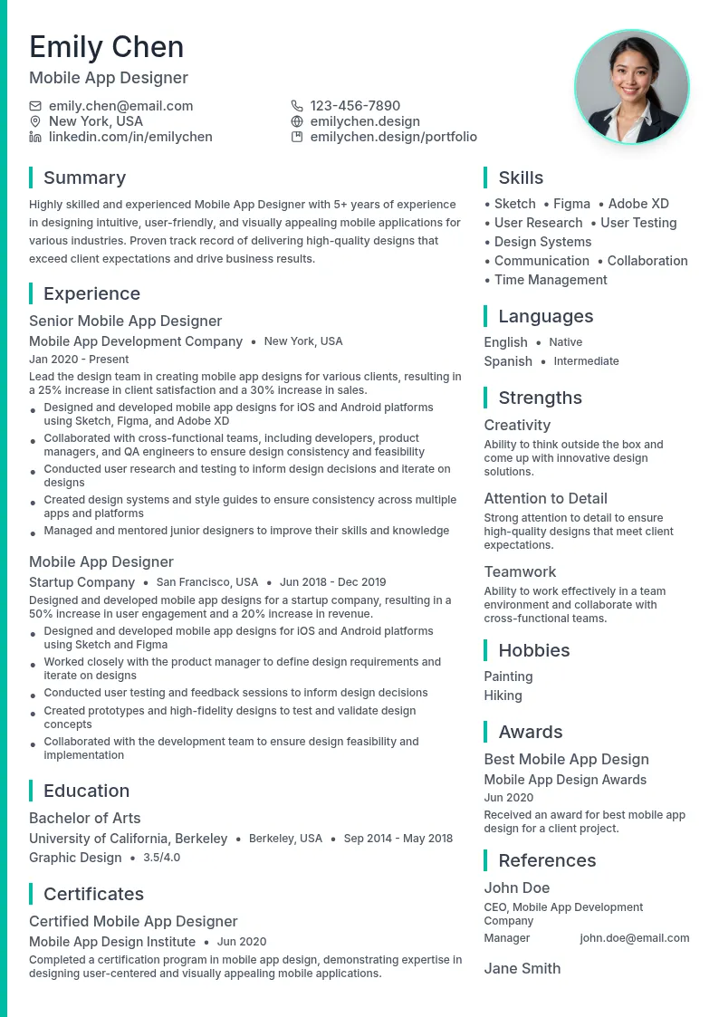 Mobile App Designer resume example