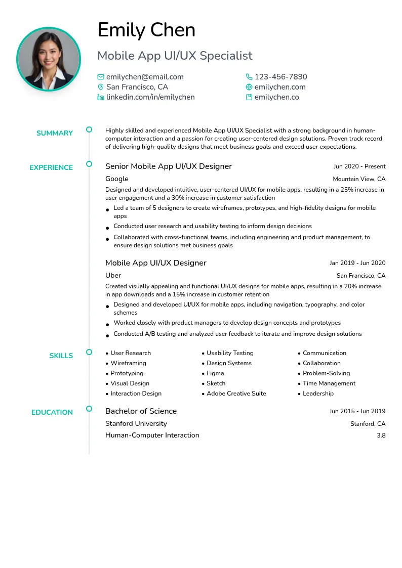 Mobile App UI/UX Specialist resume example