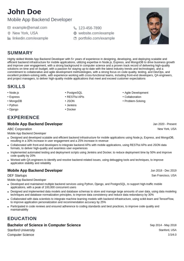 Mobile App Backend Developer resume example