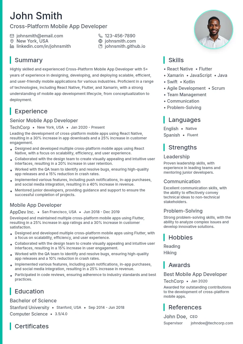 Cross-Platform Mobile App Developer resume example