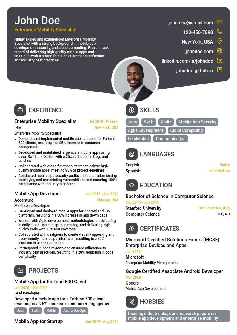 Enterprise Mobility Specialist resume example
