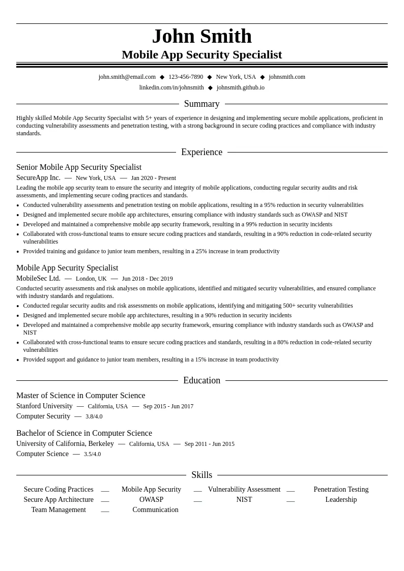 Mobile App Security Specialist resume example
