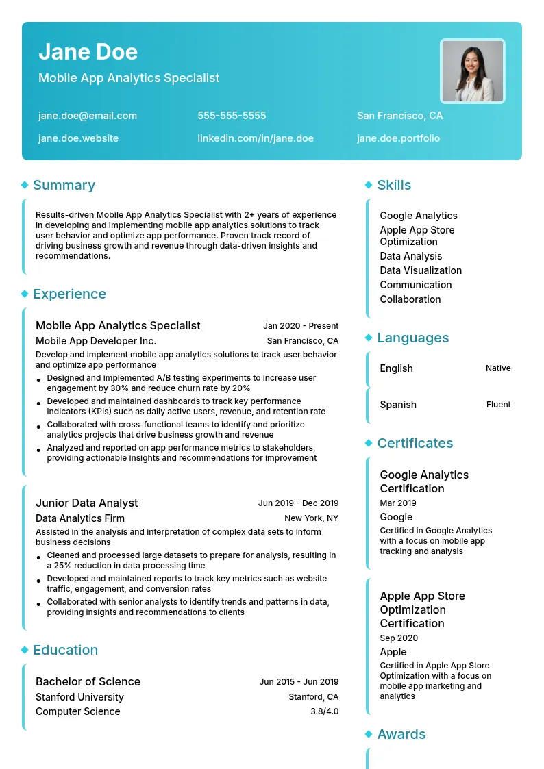 Mobile App Analytics Specialist resume example