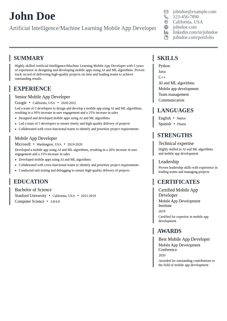 Artificial Intelligence/Machine Learning Mobile App Developer resume example