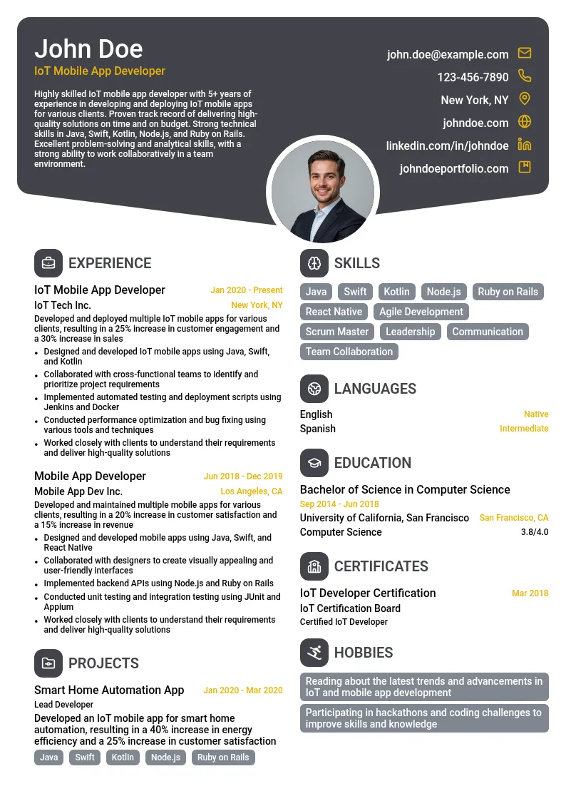 Internet of Things (IoT) Mobile App Developer resume example