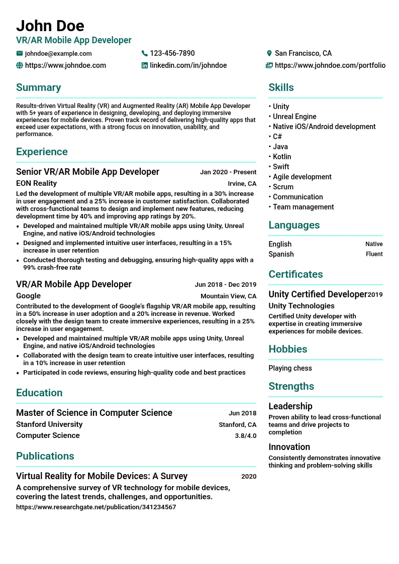 Virtual Reality (VR) and Augmented Reality (AR) Mobile App Developer resume example