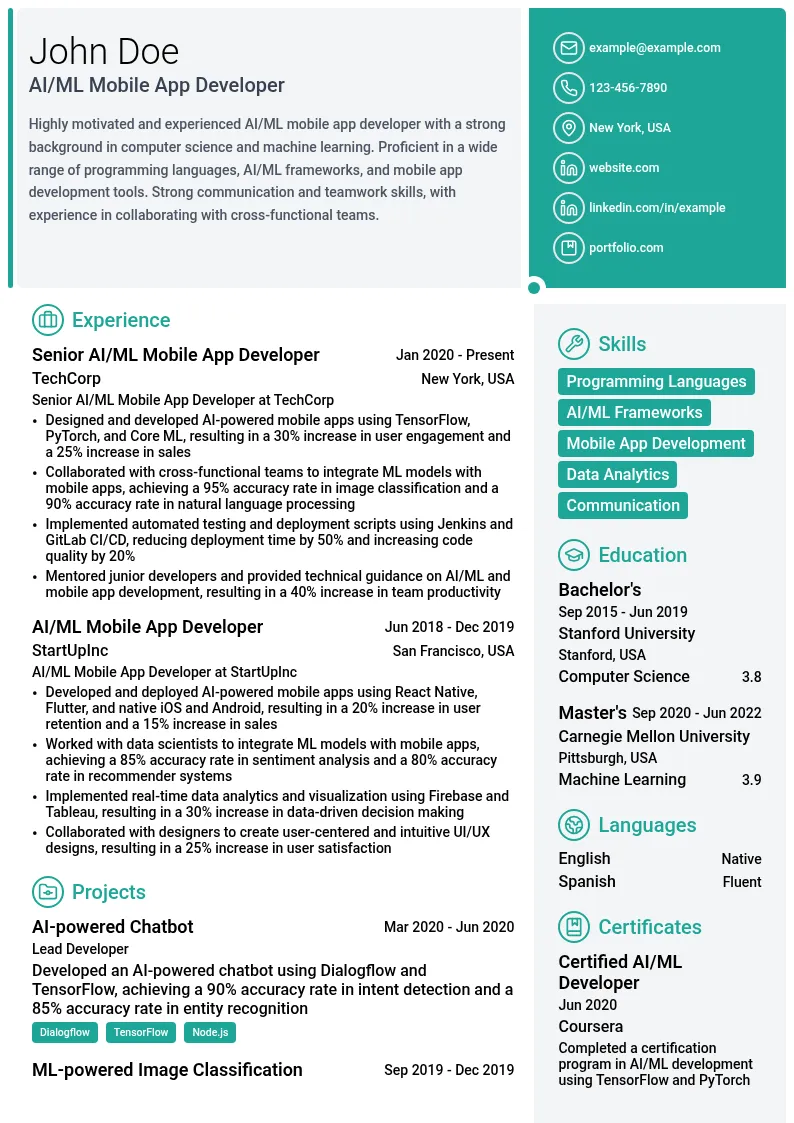 Artificial Intelligence (AI) and Machine Learning (ML) Mobile App Developer resume example