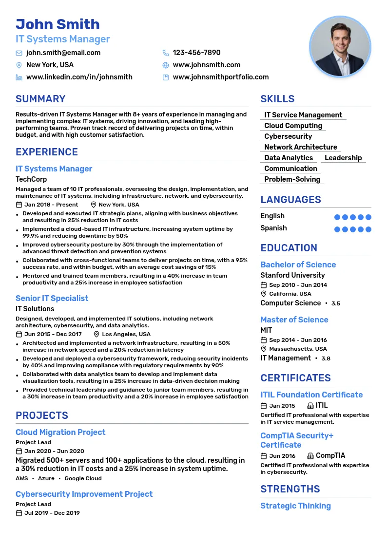 IT Systems Manager resume example