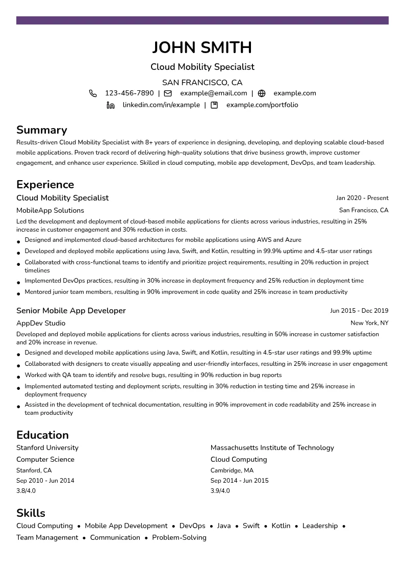 Cloud Mobility Specialist resume example