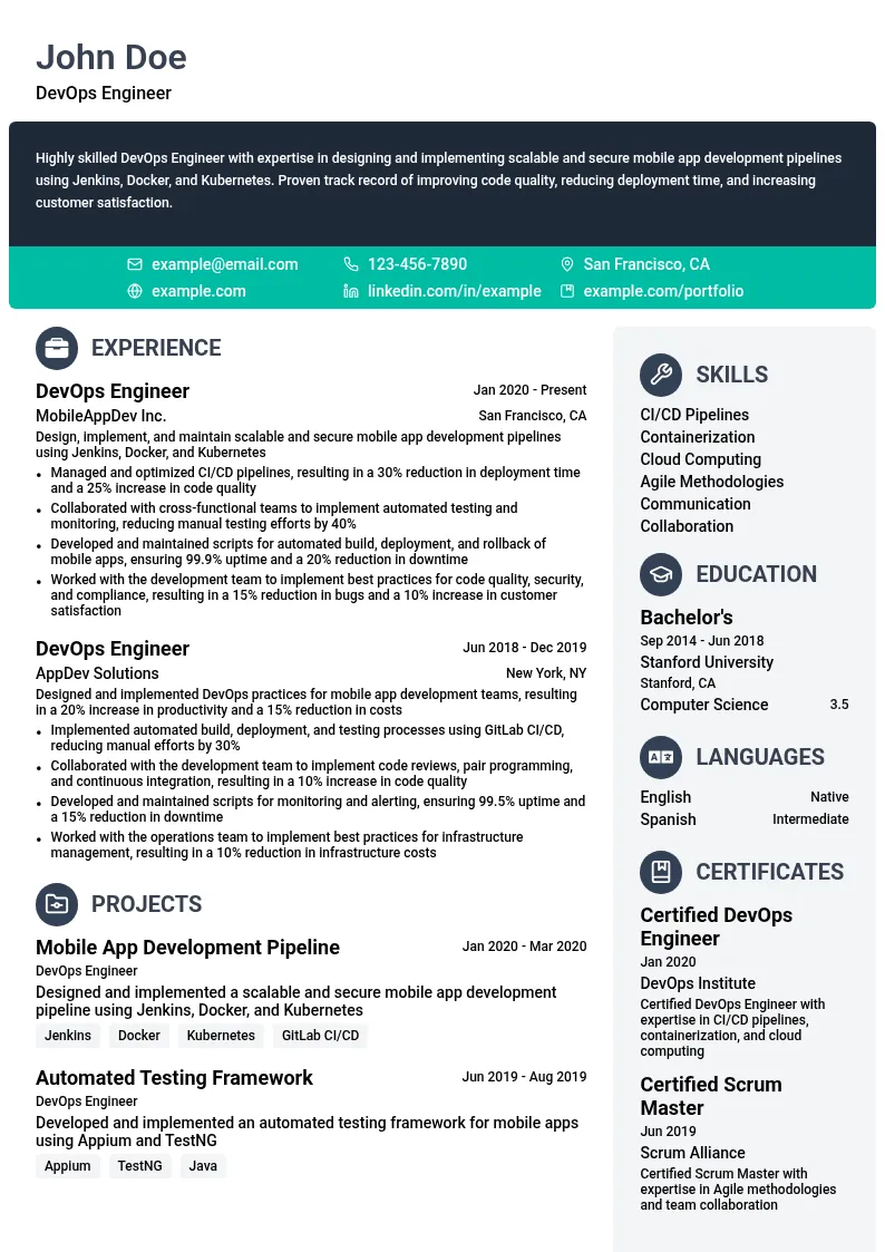 DevOps Engineer for Mobile App Development resume example