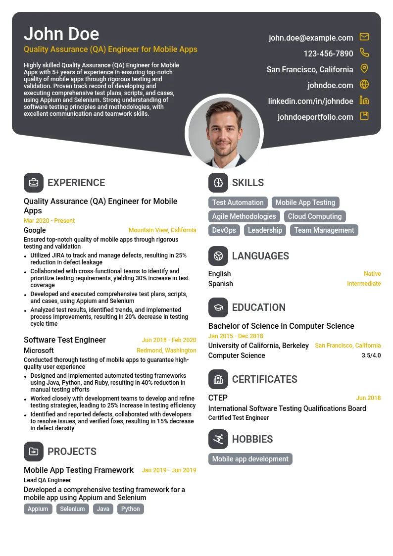 Quality Assurance (QA) Engineer for Mobile Apps resume example