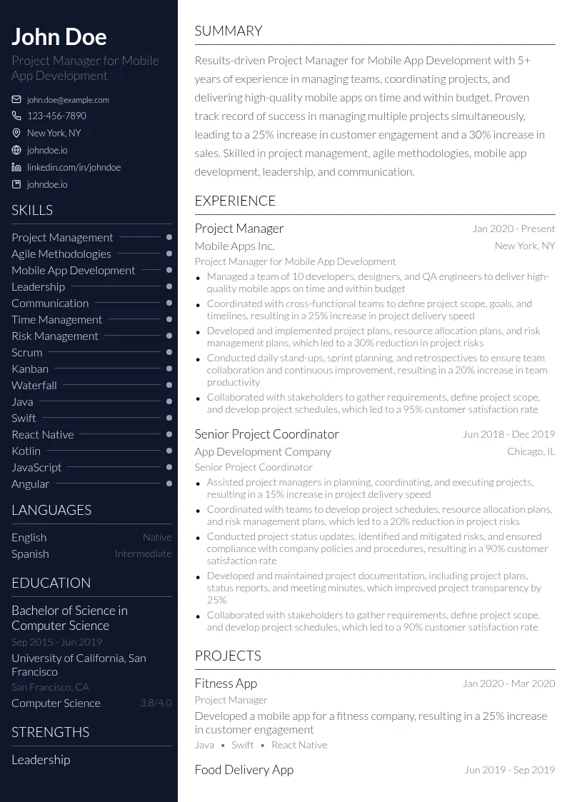 Project Manager for Mobile App Development resume example