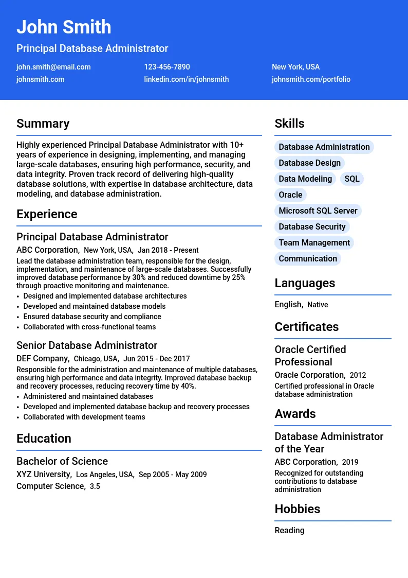 Principal Database Administrator resume example