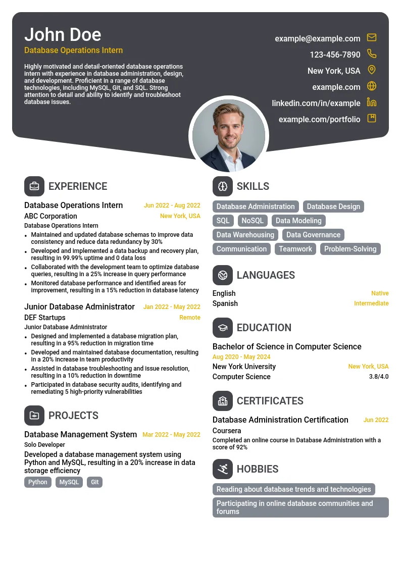 Database Operations Intern resume example